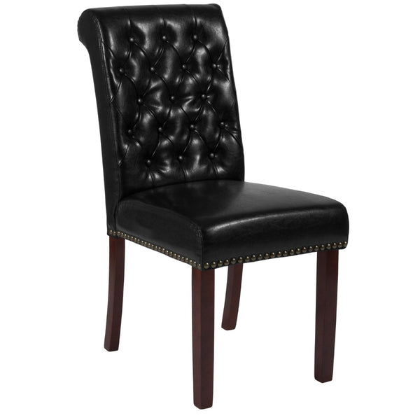 English Elm Series Parsons Chair with Rolled Back, Accent Nail Trim and Walnut Finish