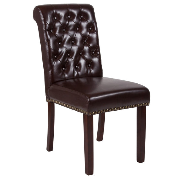 English Elm Series Parsons Chair with Rolled Back, Accent Nail Trim and Walnut Finish