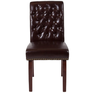 English Elm Series Parsons Chair with Rolled Back, Accent Nail Trim and Walnut Finish