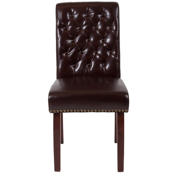 English Elm Series Parsons Chair with Rolled Back, Accent Nail Trim and Walnut Finish