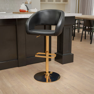 English Elm Contemporary Vinyl Adjustable Height Barstool with Rounded Mid-Back and Gold Base