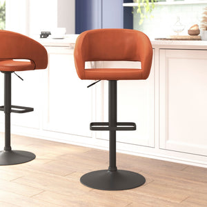 English Elm Contemporary Cognac Vinyl Adjustable Height Barstool with Rounded Mid-Back and Black Base