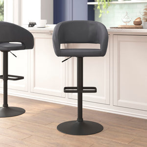 English Elm Contemporary Vinyl Adjustable Height Barstool with Rounded Mid-Back and Black Base