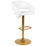 English Elm Contemporary Vinyl Adjustable Height Barstool with Rounded Mid-Back and Gold Base