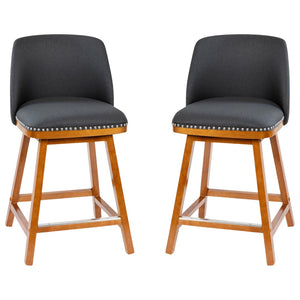 English Elm Commercial Grade - Set of 2 Transitional 24 Inch Faux Linen Upholstered Counter Stools with Silver Nailhead Trim and Walnut Finish Solid Wood Frames, Charcoal