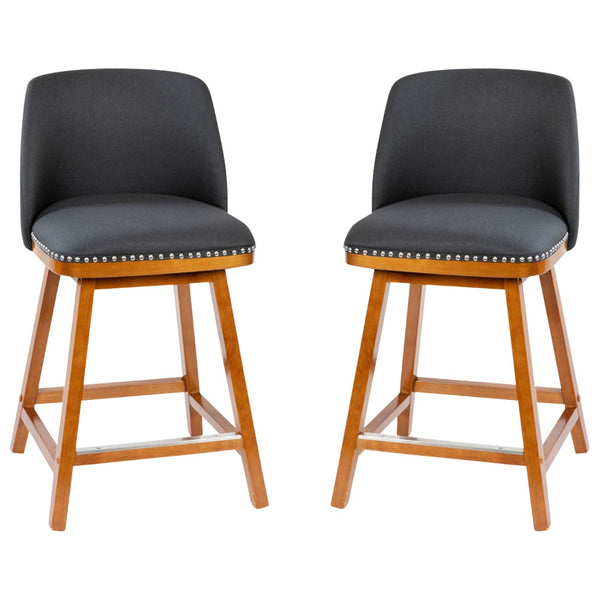 English Elm Commercial Grade - Set of 2 Transitional 24 Inch Faux Linen Upholstered Counter Stools with Silver Nailhead Trim and Walnut Finish Solid Wood Frames, Charcoal