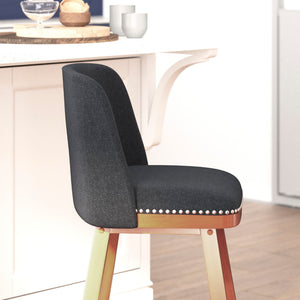 English Elm Commercial Grade - Set of 2 Transitional 24 Inch Faux Linen Upholstered Counter Stools with Silver Nailhead Trim and Walnut Finish Solid Wood Frames, Charcoal