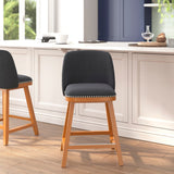 Commercial Grade - Set of 2 Transitional 24 Inch Faux Linen Upholstered Counter Stools with Silver Nailhead Trim and Walnut Finish Solid Wood Frames, Charcoal