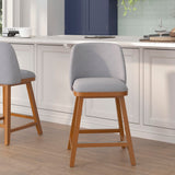 English Elm Commercial Grade - Set of 2 Transitional 24 Inch Faux Linen Upholstered Counter Stools with Silver Nailhead Trim and Walnut Finish Solid Wood Frames,