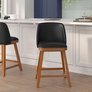 English Elm Commercial Grade - Set of 2 Transitional 24 Inch LeatherSoft Upholstered Counter Stools with Silver Nailhead Trim and Walnut Finish Solid Wood Frames,