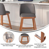 English Elm Commercial Grade - Set of 2 Transitional 24 Inch LeatherSoft Upholstered Counter Stools with Silver Nailhead Trim and Walnut Finish Solid Wood Frames,