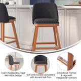 English Elm Commercial Grade - Set of 2 Transitional 30 Inch Faux Linen Upholstered Barstools with Silver Nailhead Trim and Walnut Finish Solid Wood Frames, Charcoal