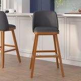 English Elm Commercial Grade - Set of 2 Transitional 30 Inch LeatherSoft Upholstered Barstools with Silver Nailhead Trim and Walnut Finish Solid Wood Frames,