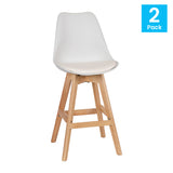 English Elm Commercial Grade - Set of 2 Modern Commercial Counter Stools - Plastic Backrest - LeatherSoft Padded Seat - 27 Inch Counter Stools - Oak Finish Wood Frame