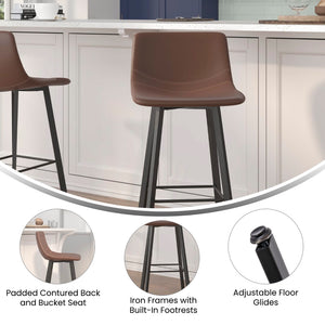 English Elm Commercial Grade Modern Armless 30 Inch Bar Height Commercial Grade Barstools with Footrests in and Black Matte Iron Frames - Set of 2