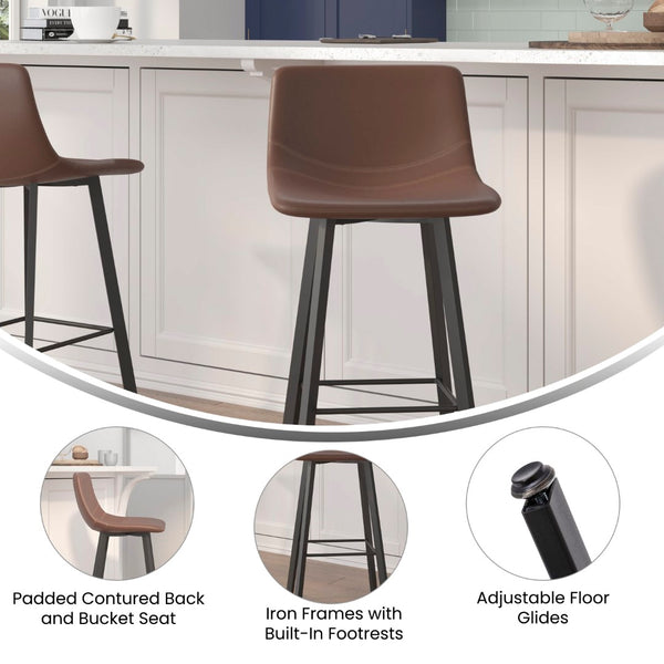 English Elm Commercial Grade Modern Armless 30 Inch Bar Height Commercial Grade Barstools with Footrests in and Black Matte Iron Frames - Set of 2