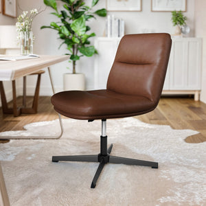 English Elm Commercial Grade Commercial Mid-Back Cognac Padded LeatherSoft Armless Stationary Task Office Chair with Adjustable Height, Swivel Function, and Black Frame