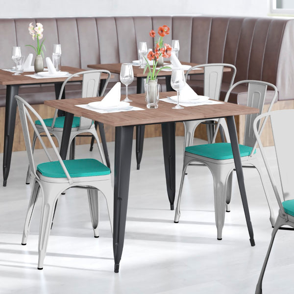 English Elm Commercial Grade Commercial Grade Metal Indoor-Outdoor Stackable Chair with Mint Green Poly Resin Wood Seat