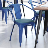 English Elm Commercial Grade Commercial Grade Metal Indoor-Outdoor Chair with Arms with Teal- Poly Resin Wood Seat