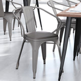 English Elm Commercial Grade Commercial Grade Silver Metal Indoor-Outdoor Chair with Arms with Poly Resin Wood Seat