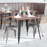 Commercial Grade Commercial Grade Silver Metal Indoor-Outdoor Chair with Arms with Poly Resin Wood Seat