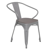 English Elm Commercial Grade Commercial Grade Silver Metal Indoor-Outdoor Chair with Arms with Poly Resin Wood Seat