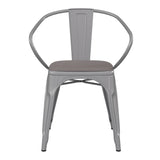 English Elm Commercial Grade Commercial Grade Silver Metal Indoor-Outdoor Chair with Arms with Poly Resin Wood Seat