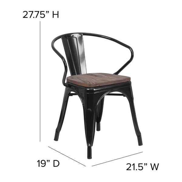English Elm Commercial Grade Metal Chair with Wood Seat and Arms