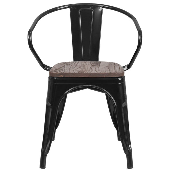 English Elm Commercial Grade Metal Chair with Wood Seat and Arms