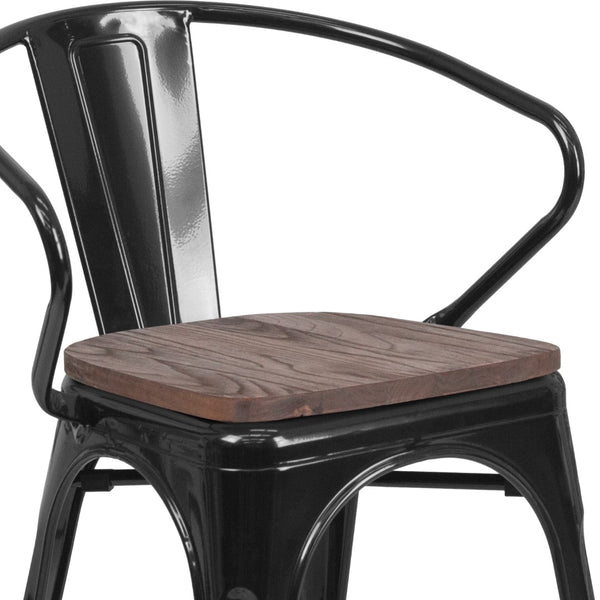 English Elm Commercial Grade Metal Chair with Wood Seat and Arms