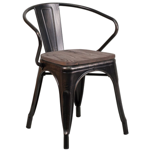 English Elm Commercial Grade Metal Chair with Wood Seat and Arms
