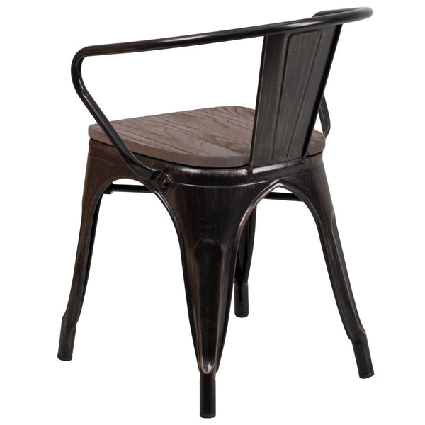 English Elm Commercial Grade Metal Chair with Wood Seat and Arms