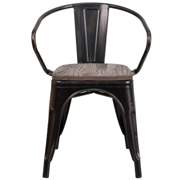 English Elm Commercial Grade Metal Chair with Wood Seat and Arms
