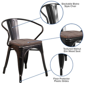 English Elm Commercial Grade Metal Chair with Wood Seat and Arms