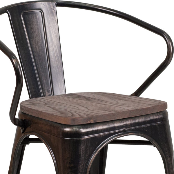 English Elm Commercial Grade Metal Chair with Wood Seat and Arms