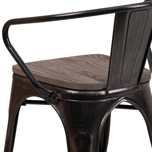 English Elm Commercial Grade Metal Chair with Wood Seat and Arms