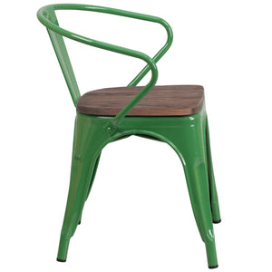 English Elm Commercial Grade Metal Chair with Wood Seat and Arms