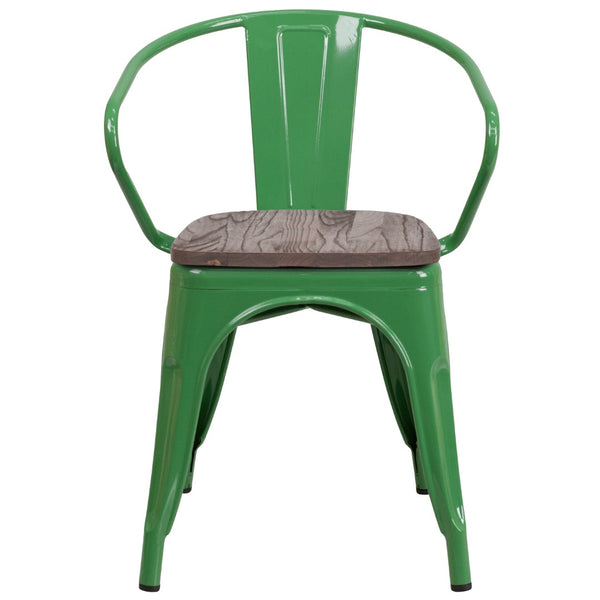 English Elm Commercial Grade Metal Chair with Wood Seat and Arms