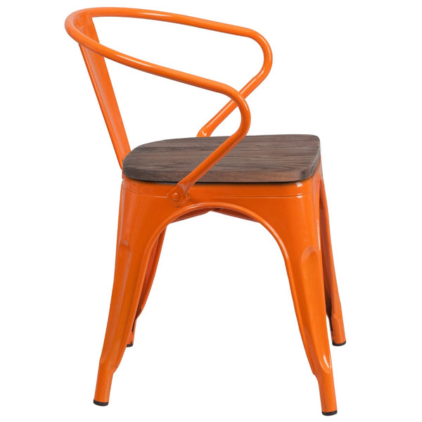 English Elm Commercial Grade Metal Chair with Wood Seat and Arms