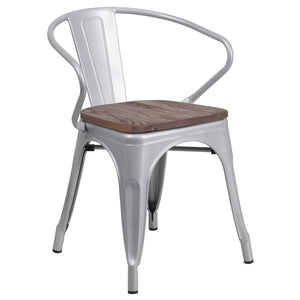 English Elm Commercial Grade Metal Chair with Wood Seat and Arms