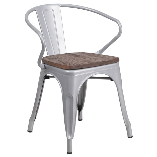 English Elm Commercial Grade Metal Chair with Wood Seat and Arms