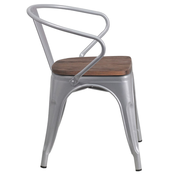 English Elm Commercial Grade Metal Chair with Wood Seat and Arms