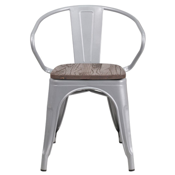 English Elm Commercial Grade Metal Chair with Wood Seat and Arms