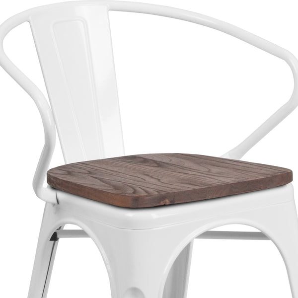 English Elm Commercial Grade Metal Chair with Wood Seat and Arms