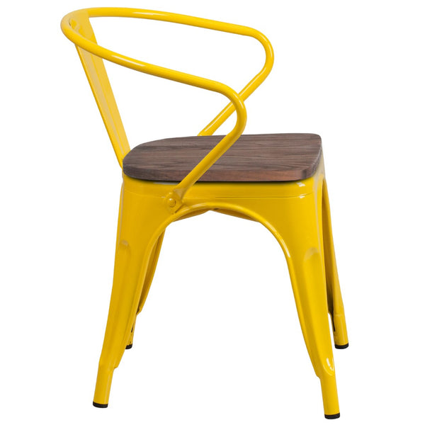 English Elm Commercial Grade Metal Chair with Wood Seat and Arms