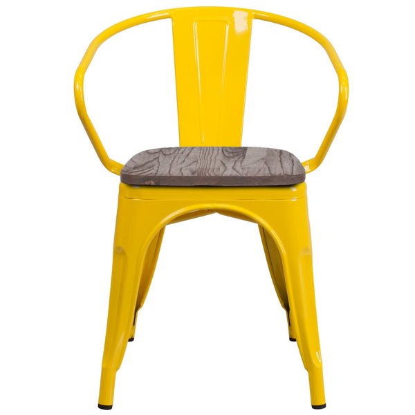 English Elm Commercial Grade Metal Chair with Wood Seat and Arms
