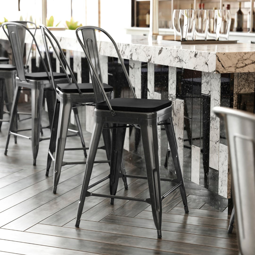 English Elm Commercial Grade Commercial Grade 24" High Metal Indoor-Outdoor Counter Height Stool with Removable Back and All-Weather Poly Resin Seat