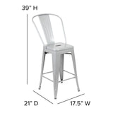 English Elm Commercial Grade Commercial Grade 24" High Silver Metal Indoor-Outdoor Counter Height Stool with Removable Back and All-Weather Poly Resin Seat