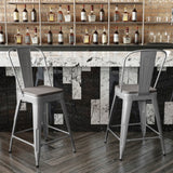 English Elm Commercial Grade Commercial Grade 24" High Silver Metal Indoor-Outdoor Counter Height Stool with Removable Back and All-Weather Poly Resin Seat