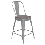 English Elm Commercial Grade Commercial Grade 24" High Silver Metal Indoor-Outdoor Counter Height Stool with Removable Back and All-Weather Poly Resin Seat